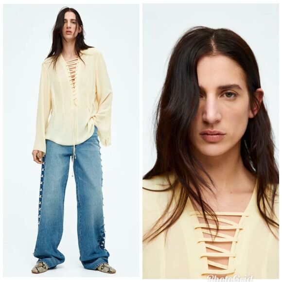 H&M Edition S/S 2025 Lacing-Detail Chiffon Pale Yellow Blouse Lace-Up - Picture 3 of 5